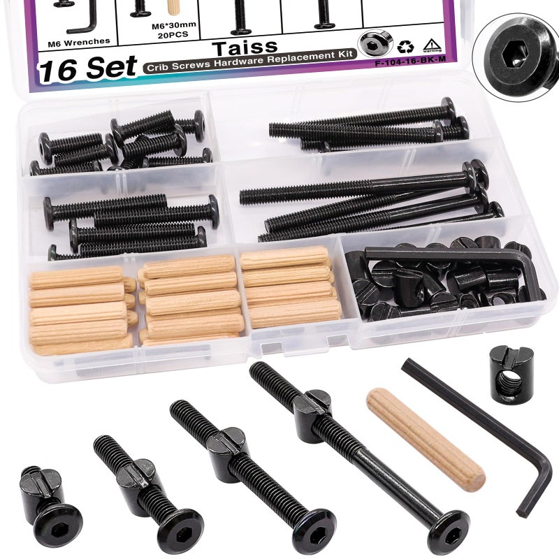Taiss 16 Set Crib Screws M6x20mm/ 40mm/ 60mm/ 80mm Baby Bed Crib Bolts Hardware Replacement Kit Hex Socket Cap Screws Bolt Barrel Nuts&Dowel Pins for Beds Furniture - Image 1